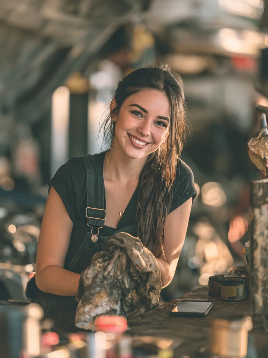 Female mechanic wiping her hands on a shop rag with a satisfied grin after a repair paid with a 1000 dollar loan