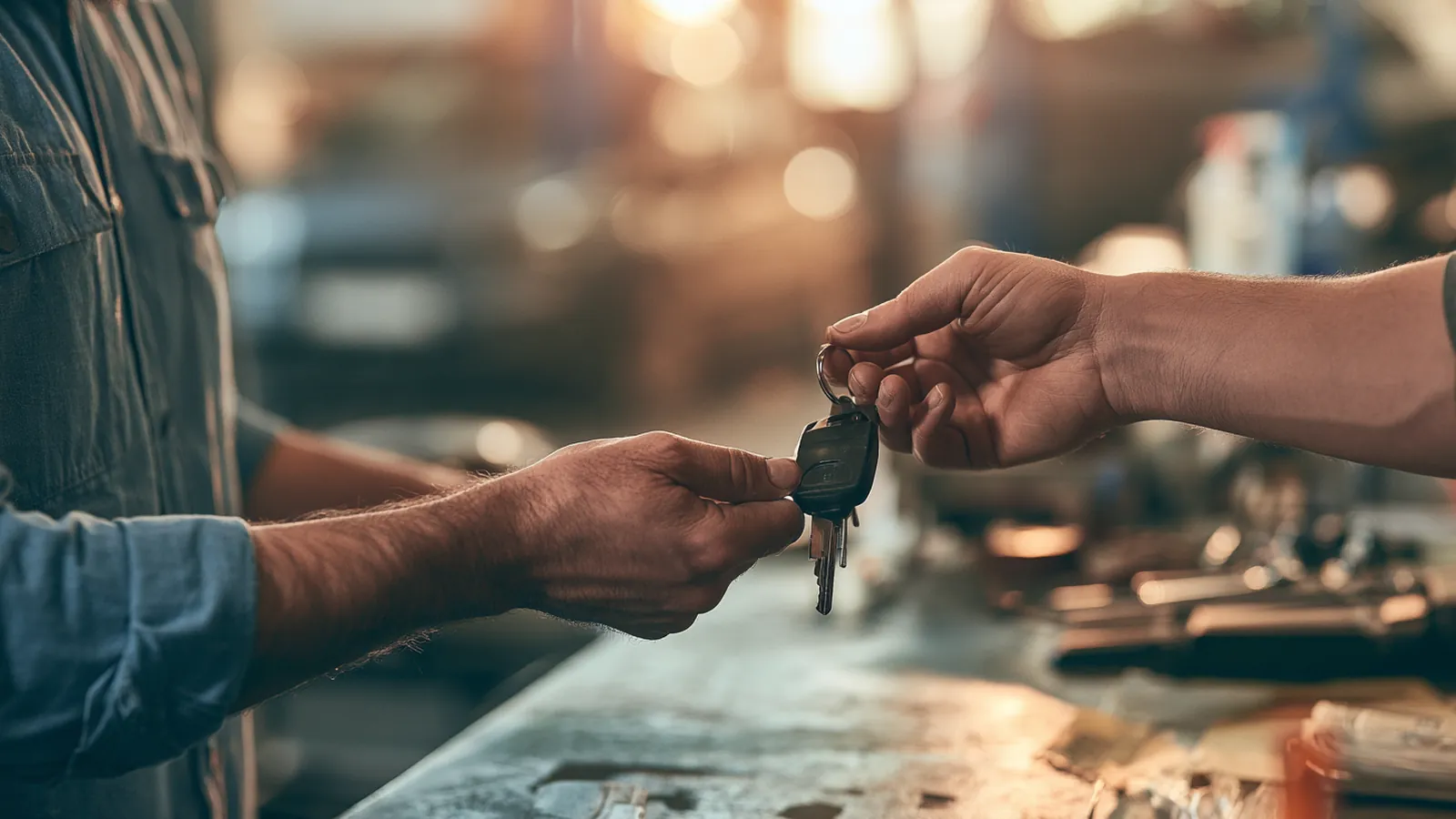 Hands receiving car keys from a mechanic after a repair funded by a 1000 dollar loan