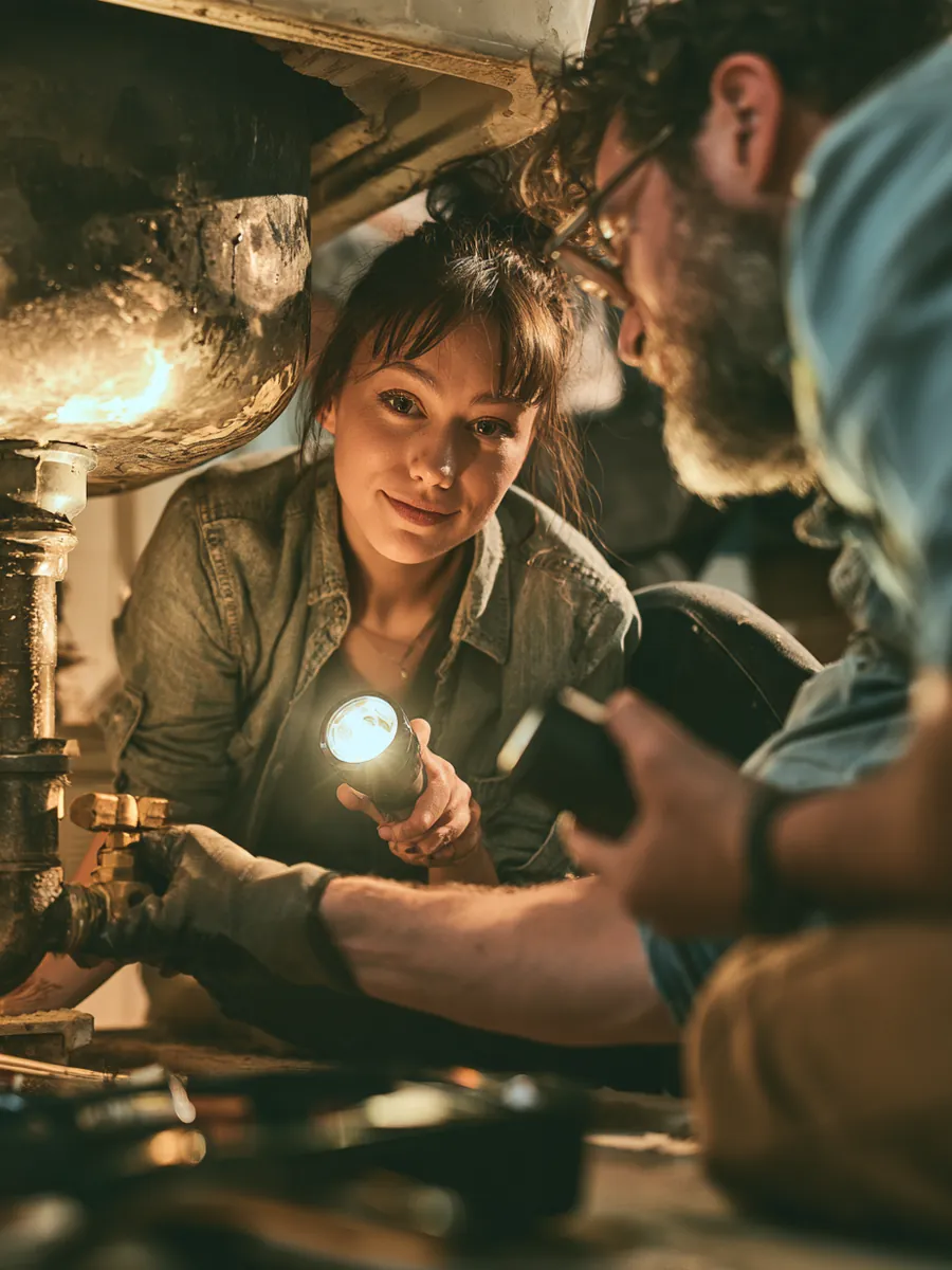 Plumber tightening a supply valve under a utility sink while the homeowner holds a flashlight, repairs within a 2000 dollar loan