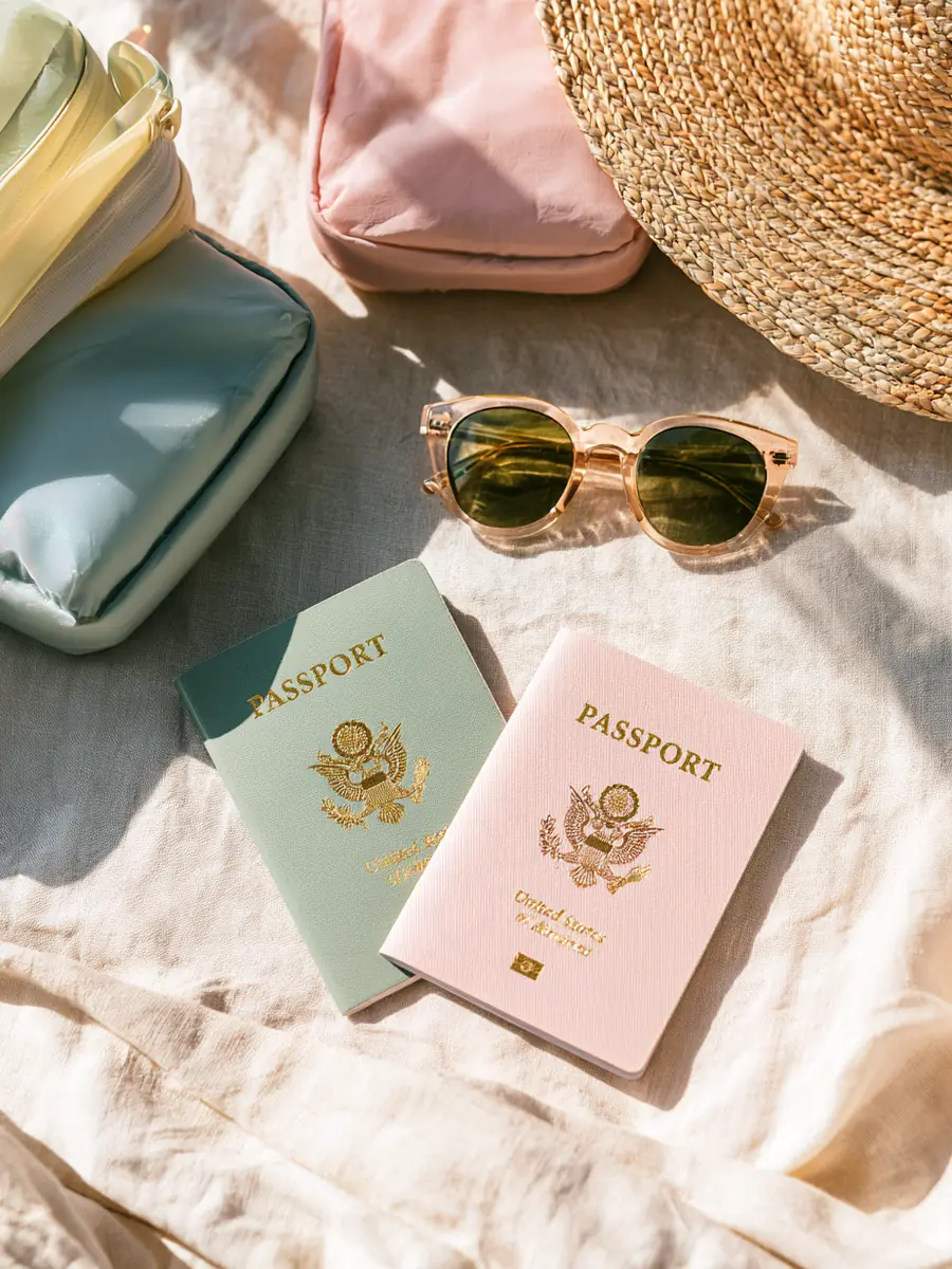 Two passports, sunglasses, and pastel packing cubes arranged on a linen throw before a trip funded by a 2500 dollar loan
