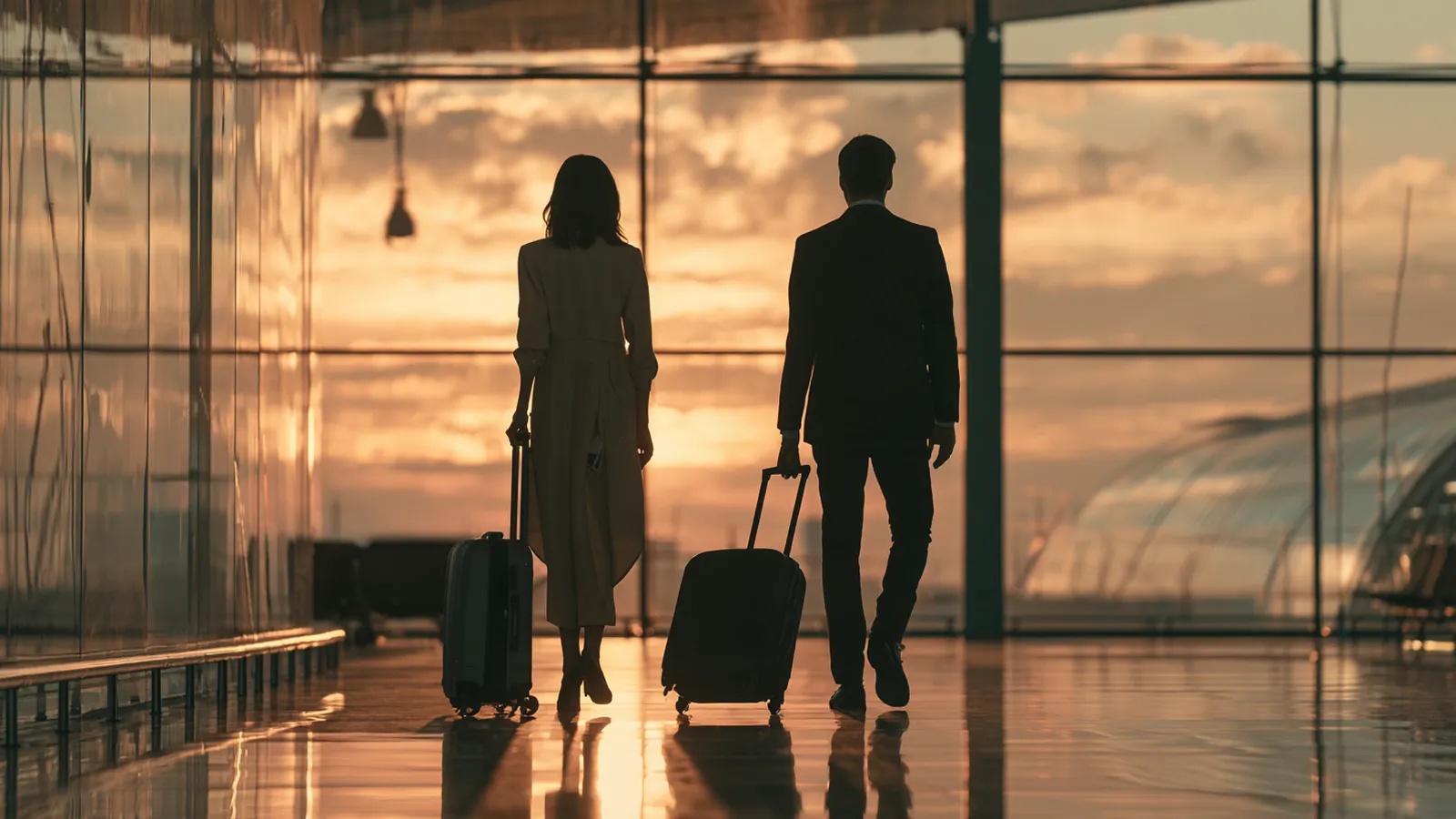 Couple walking through an airport at sunrise for a trip planned with a 2500 dollar loan