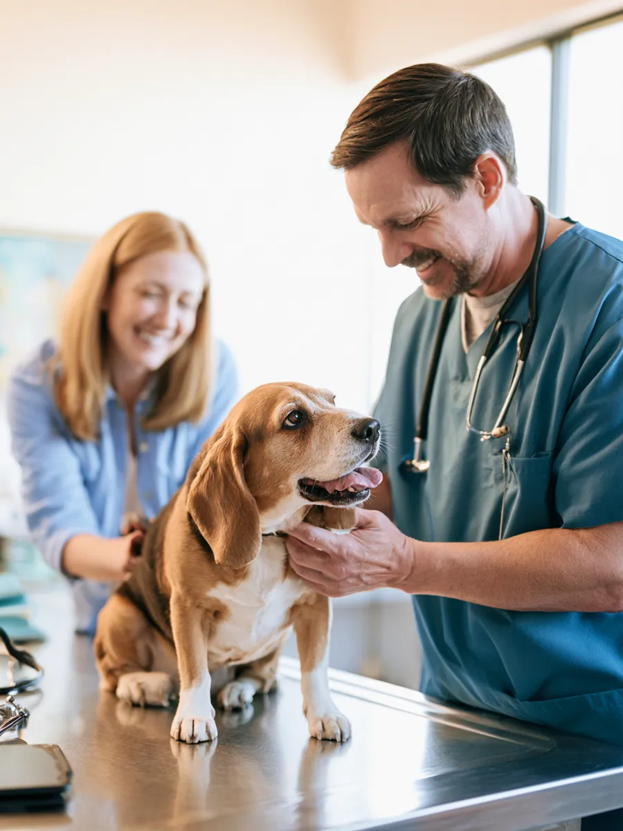 Veterinarian examining a calm beagle while the owner strokes its ear in a bright exam room, care funded by a 3000 dollar loan