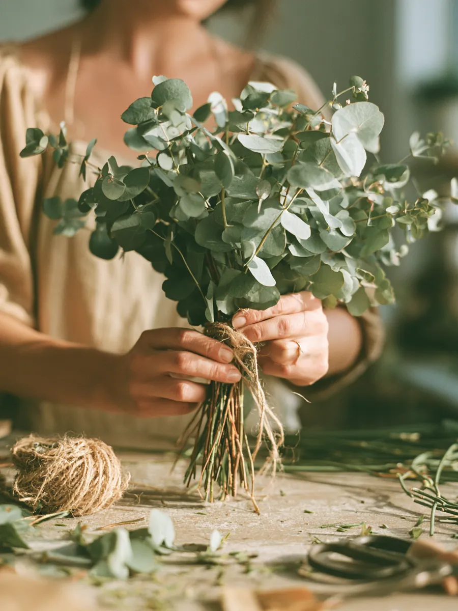 Florist's hands tying twine around a fresh eucalyptus bouquet at a modern work bench, a small shop running on a 5000 dollar loan