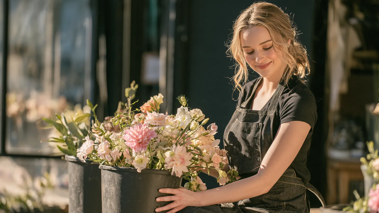 Florist arranging opening-day flowers outside a small shop funded with a 5000 dollar loan