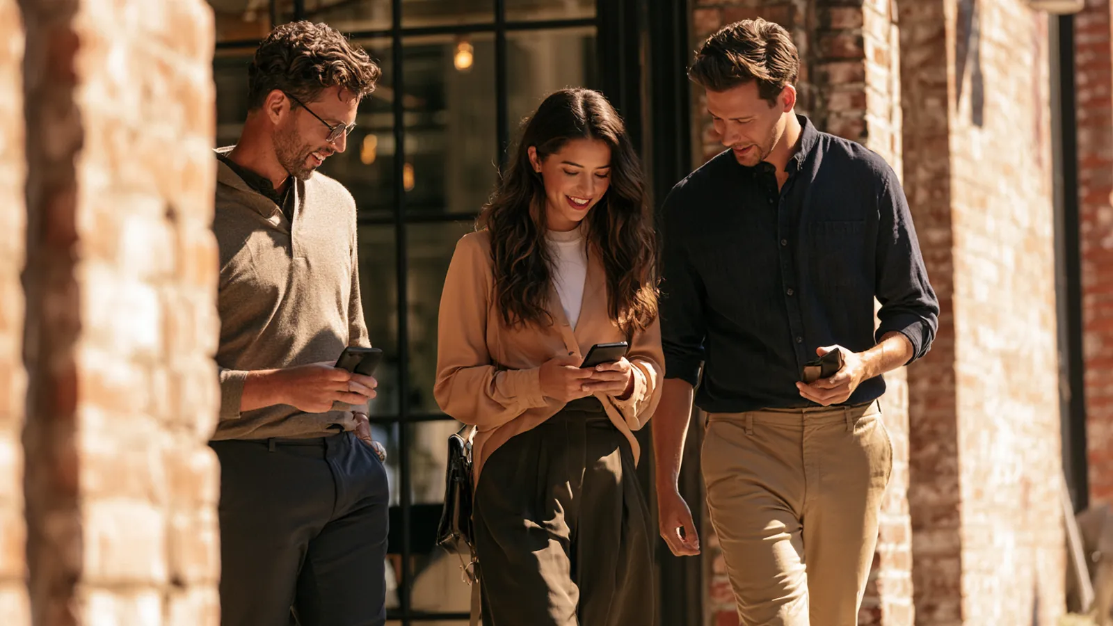 Three colleagues walking out of a renovated brick storefront office in friendly conversation, the team behind Rise Up Loans Now