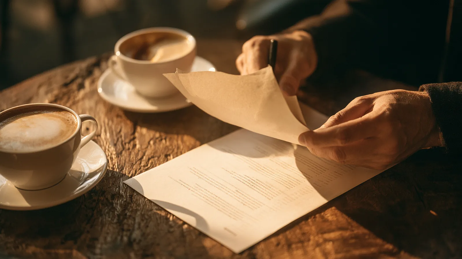 Hands holding a single clearly printed one-page summary above a cafe table, the plain-language disclosure behind rise up loans