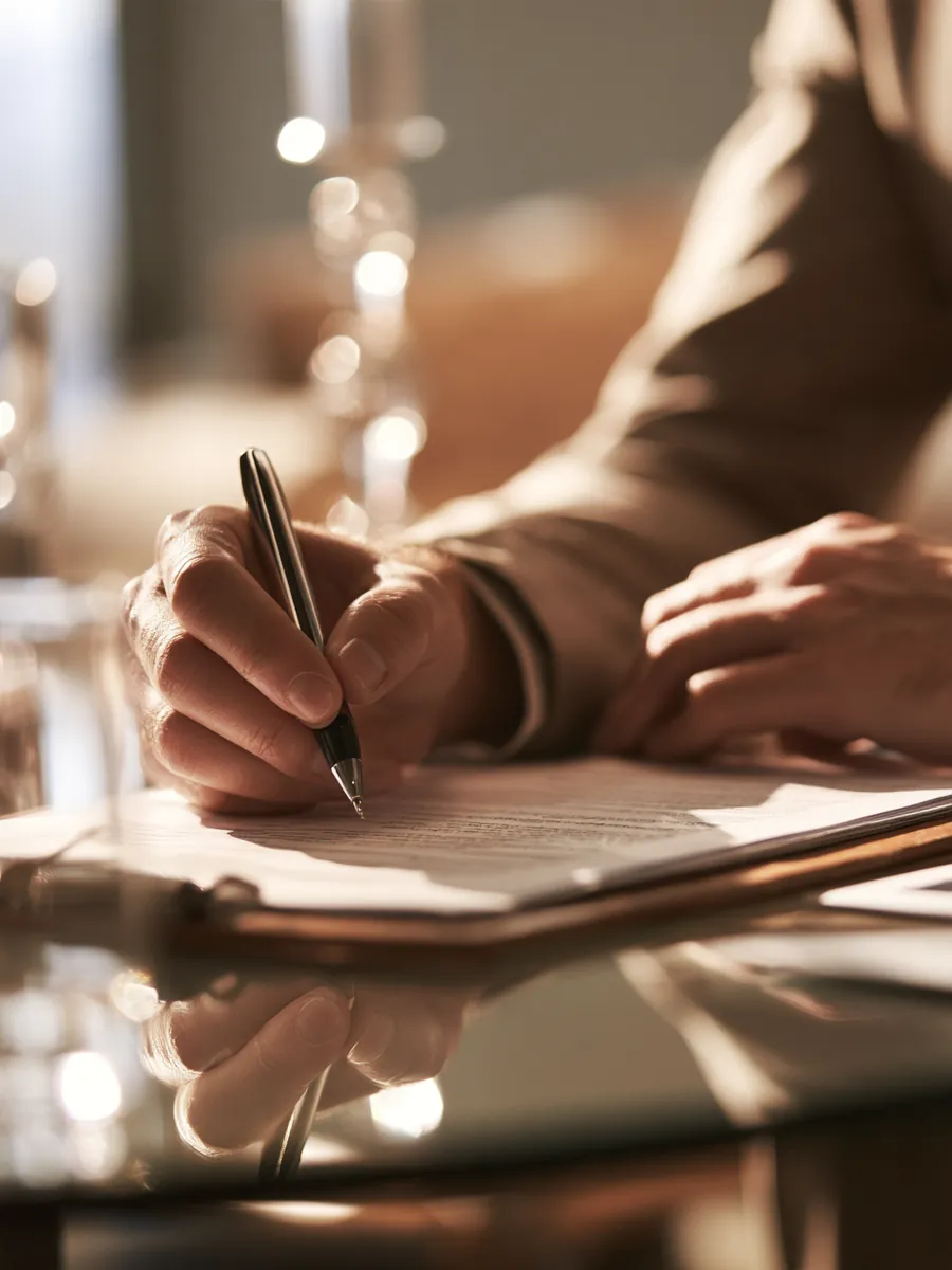 Hands signing a single loan agreement page on a clipboard at a living room coffee table