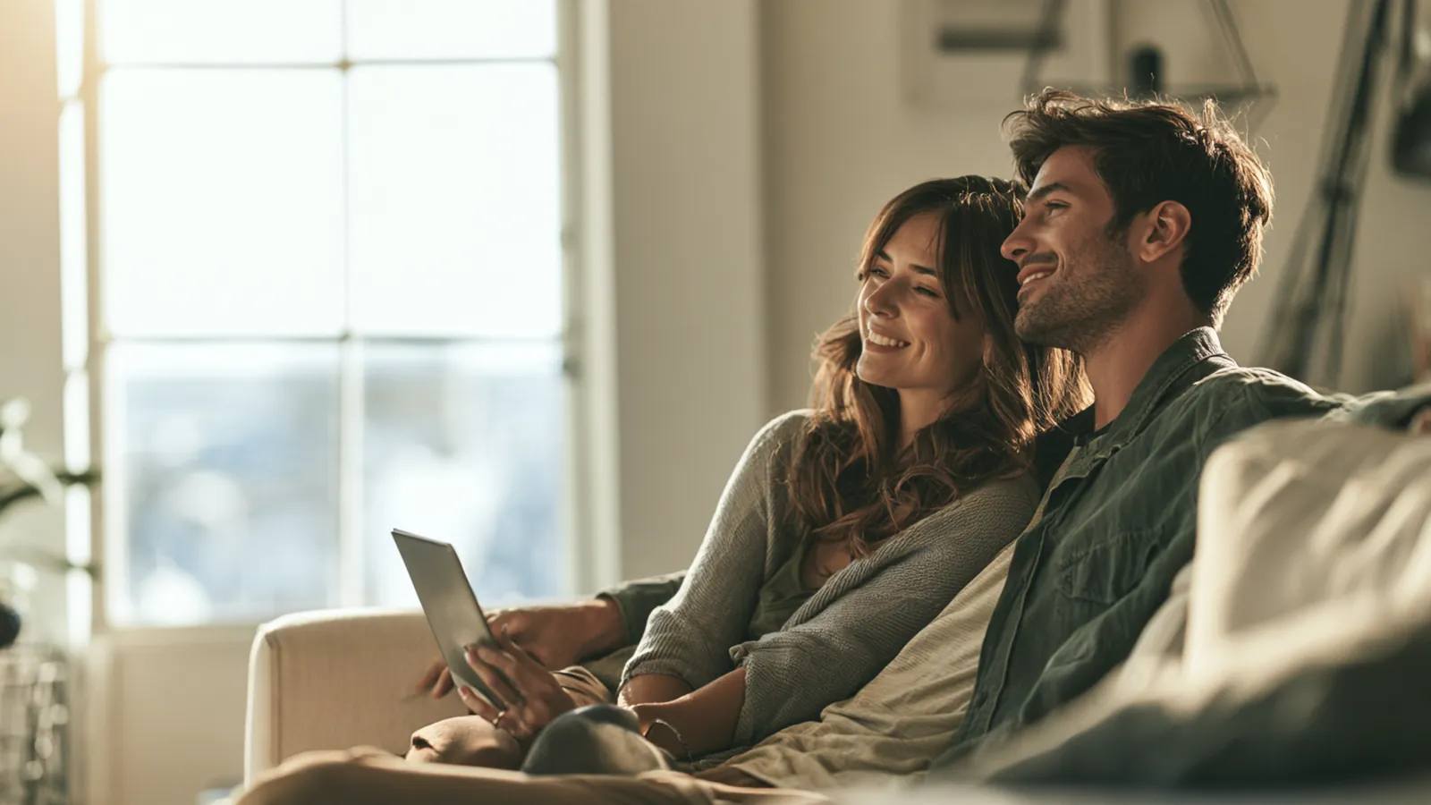 Couple sharing a relieved smile by a bright living room window after submitting a rise up loans request