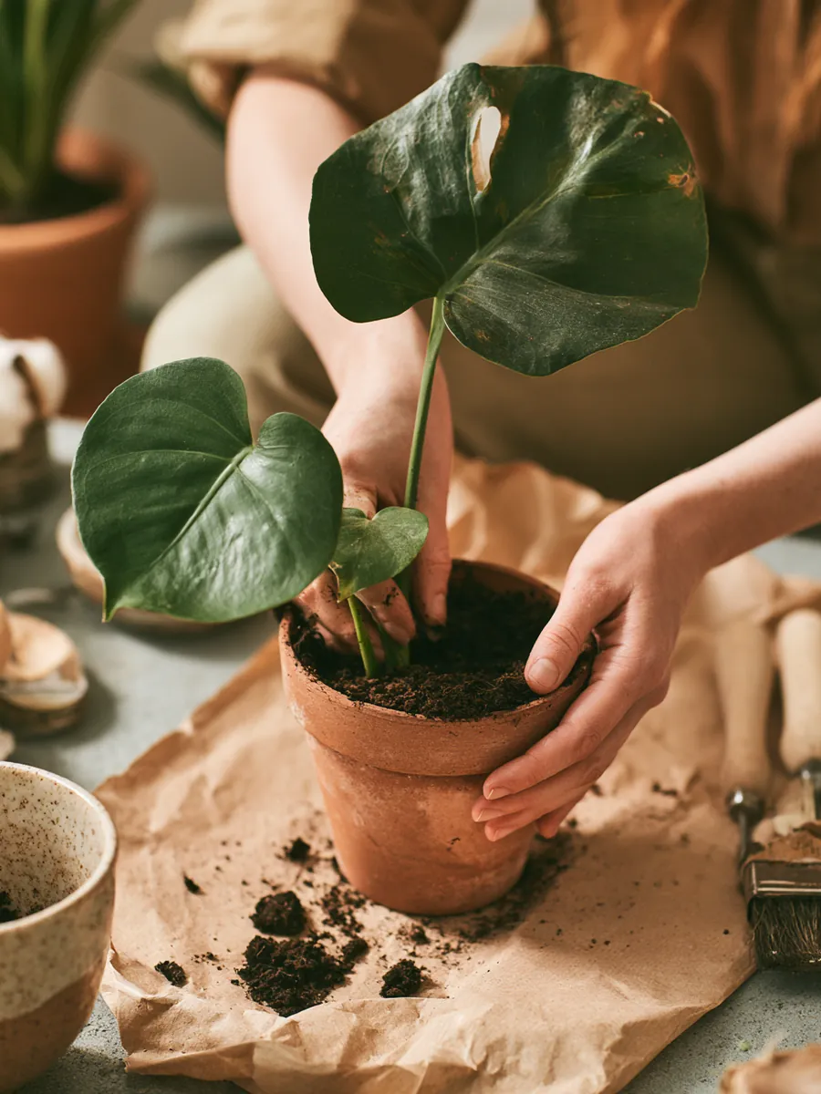 Hands repotting a small monstera into a fresh terracotta pot — a new start, the theme of rebuilding credit