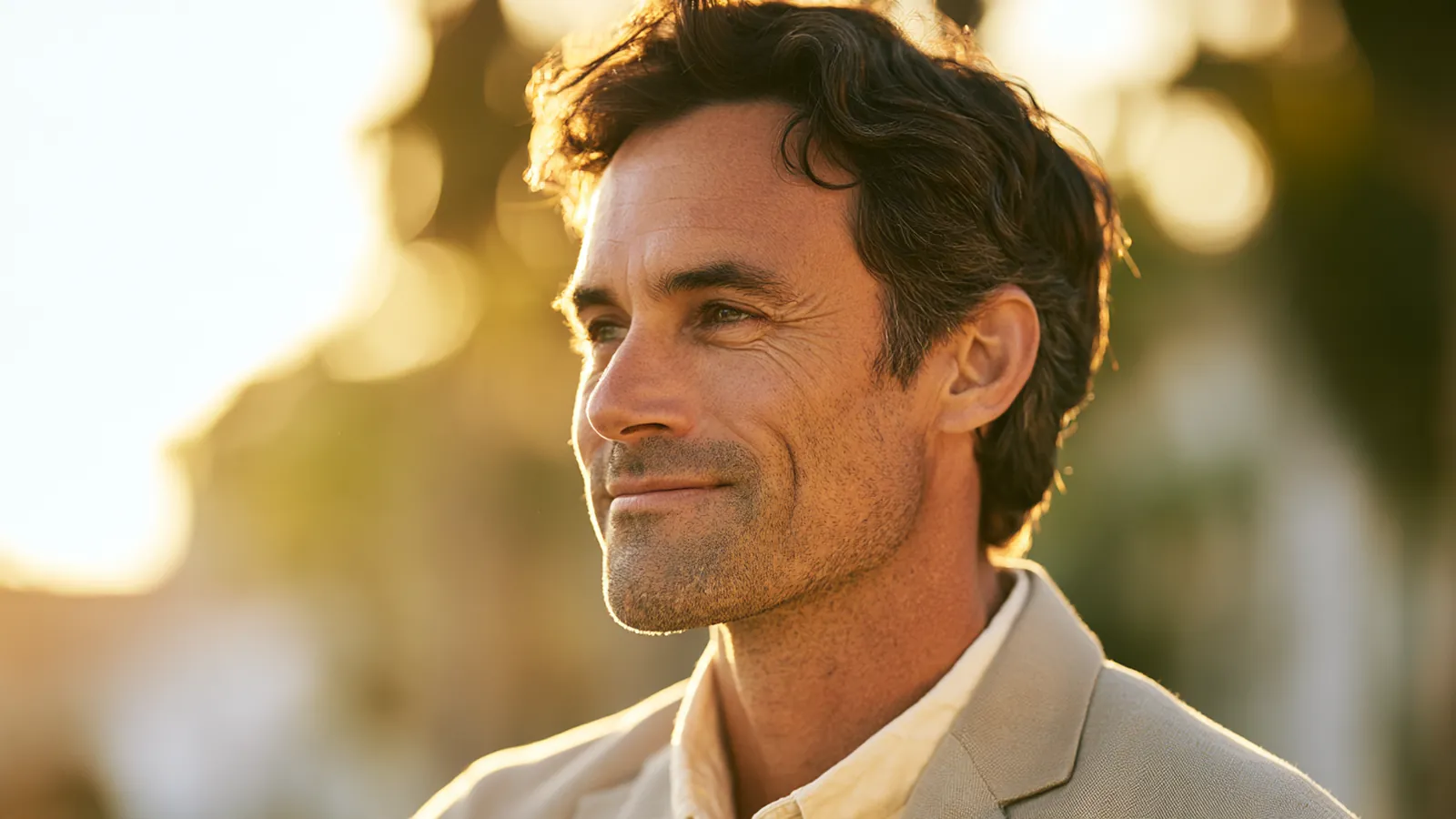 Man in his 40s gazing forward with quiet optimism in a city park at golden hour, planning past a bad credit score