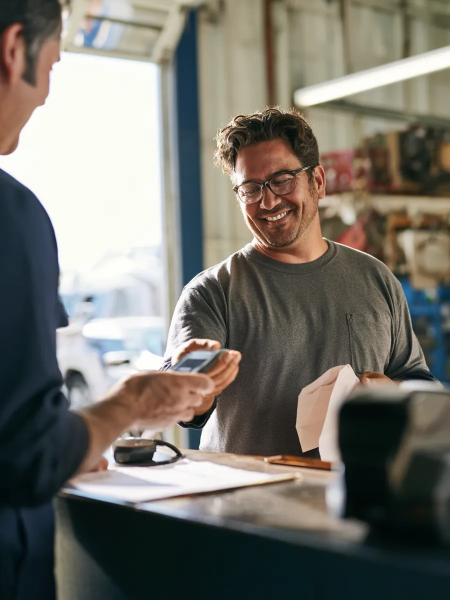Customer paying at an auto shop counter with a quick card tap while the mechanic hands over the inspection sheet