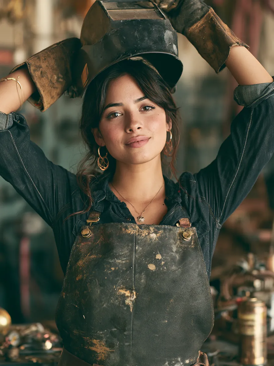 Welder raising her visor in a clean fabrication studio with a confident direct gaze