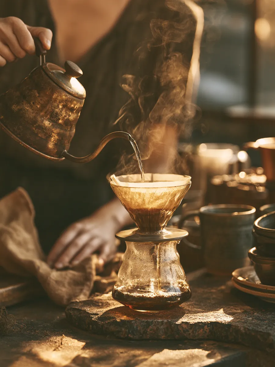 Barista's hands pouring a slow pour-over coffee into a glass carafe in window light