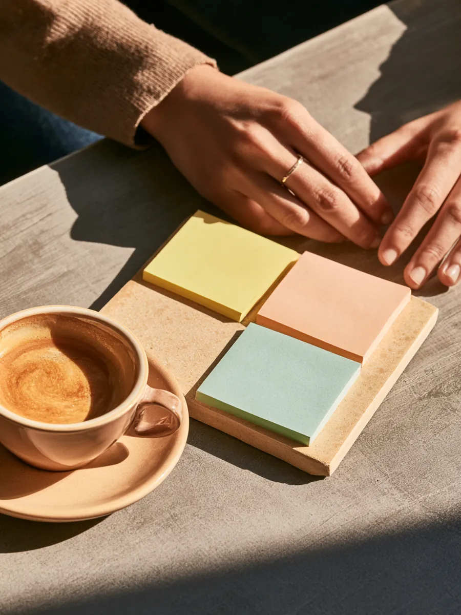 Hands posting three color-coded sticky notes onto a small tabletop board beside a cortado
