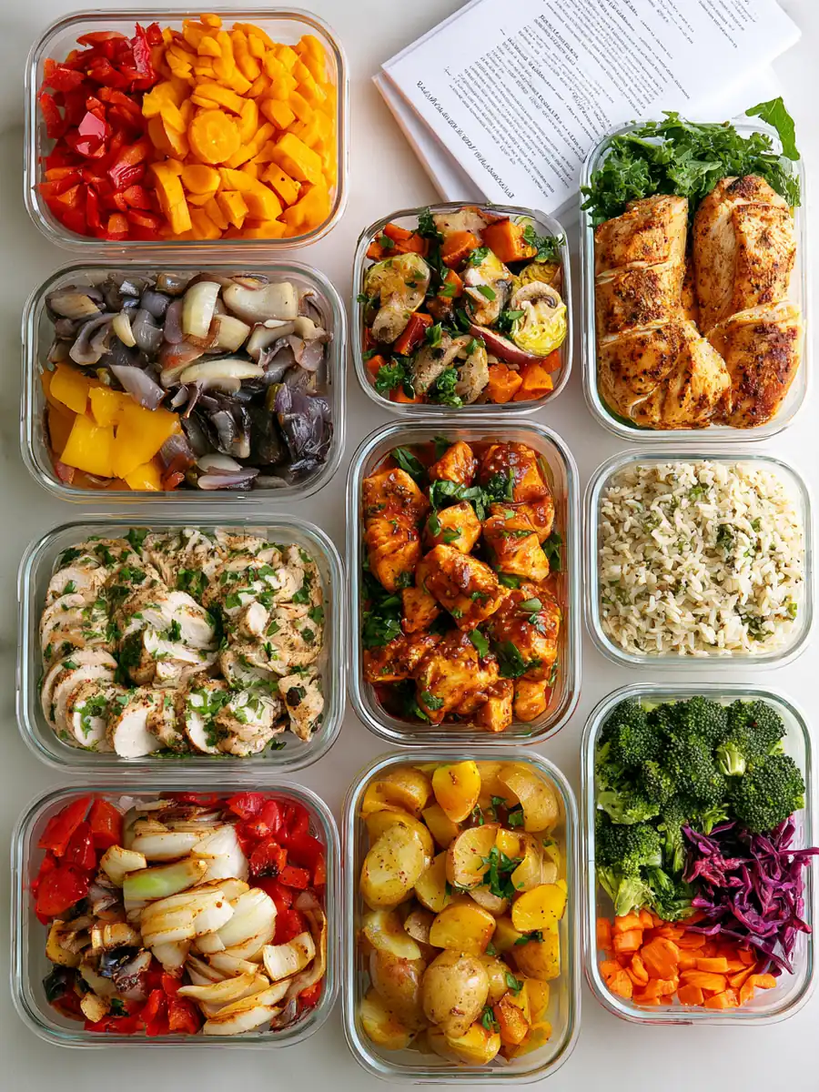 A week of meal-prep containers in a tidy grid with chopped vegetables and a folded menu card
