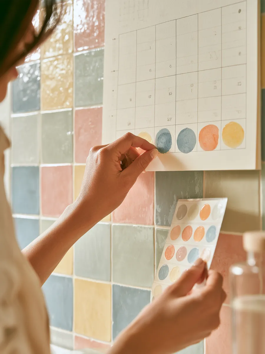 Hands marking three dates on a wall calendar with round stickers against pastel kitchen tiles
