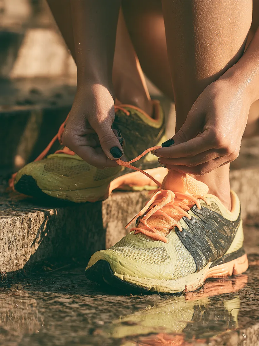 Hands lacing bright running shoes on park steps before a morning run, dew on the stone