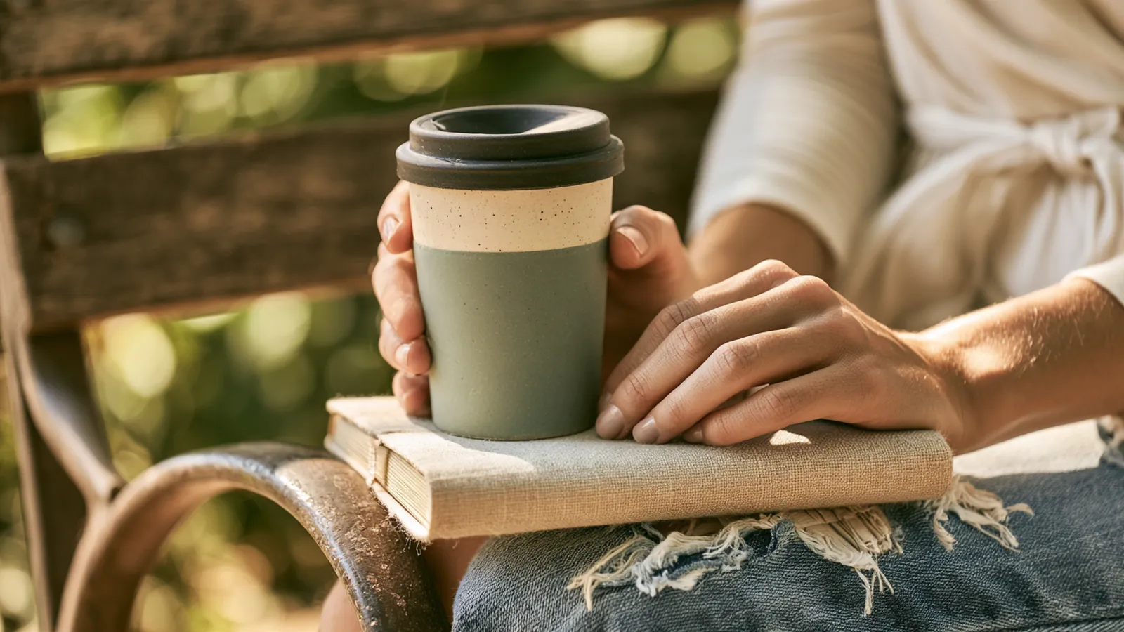 Hands resting a travel mug beside a cloth journal on a park bench, settling in to read rise up loans borrowing guides