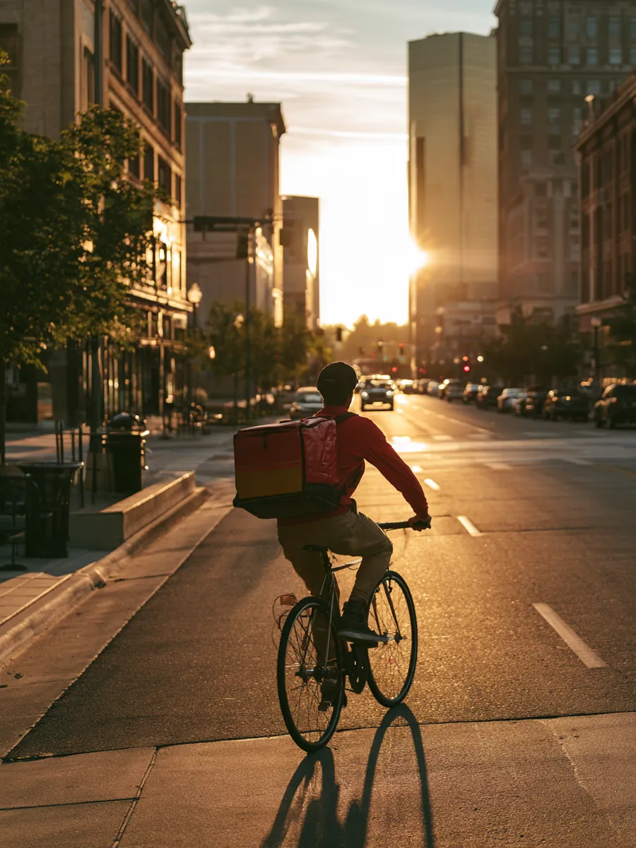 Courier cycling through a quiet downtown street at dawn with an insulated delivery pack