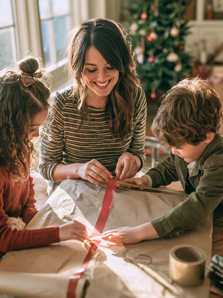 Mother wrapping gifts while two kids press tape strips along the fold, festive but tidy