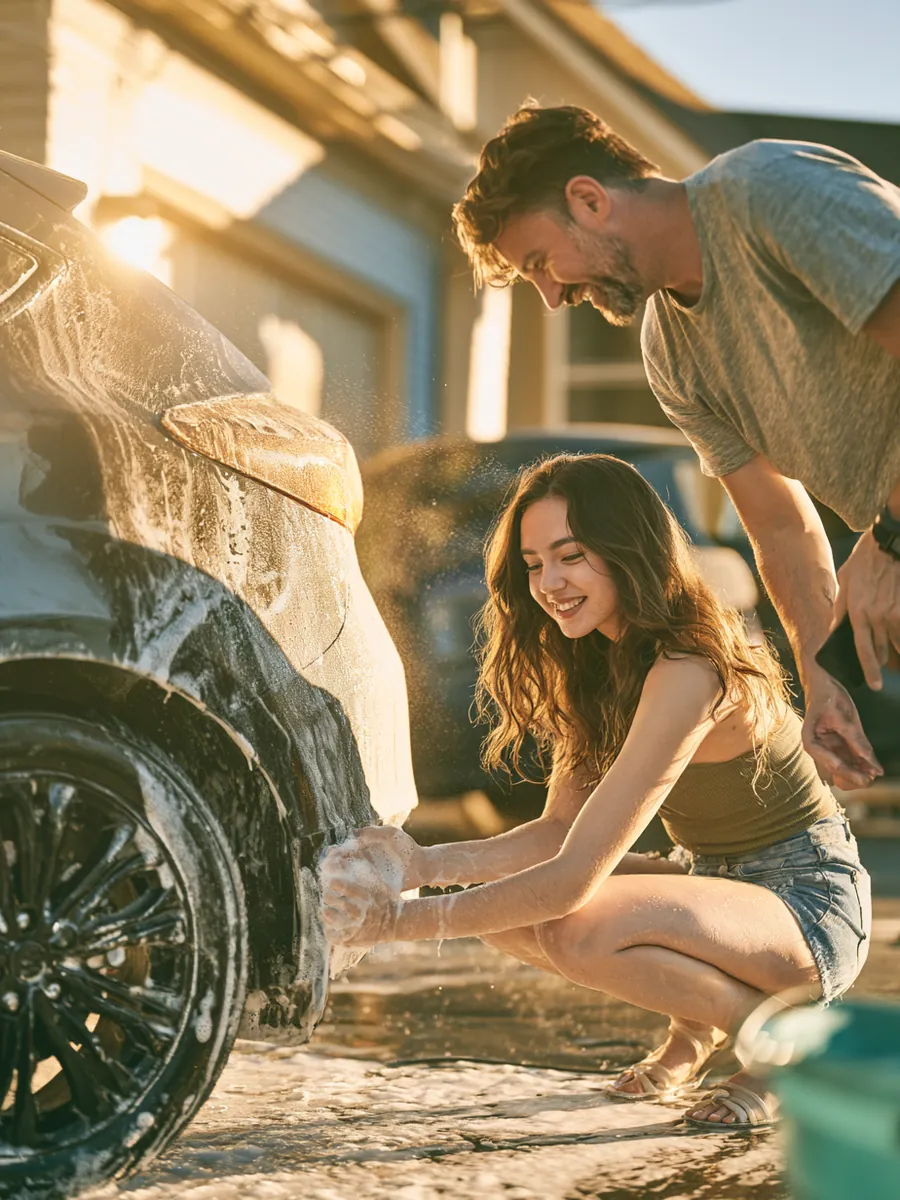 Father and teenage daughter washing a hatchback in the driveway with soap suds and afternoon light