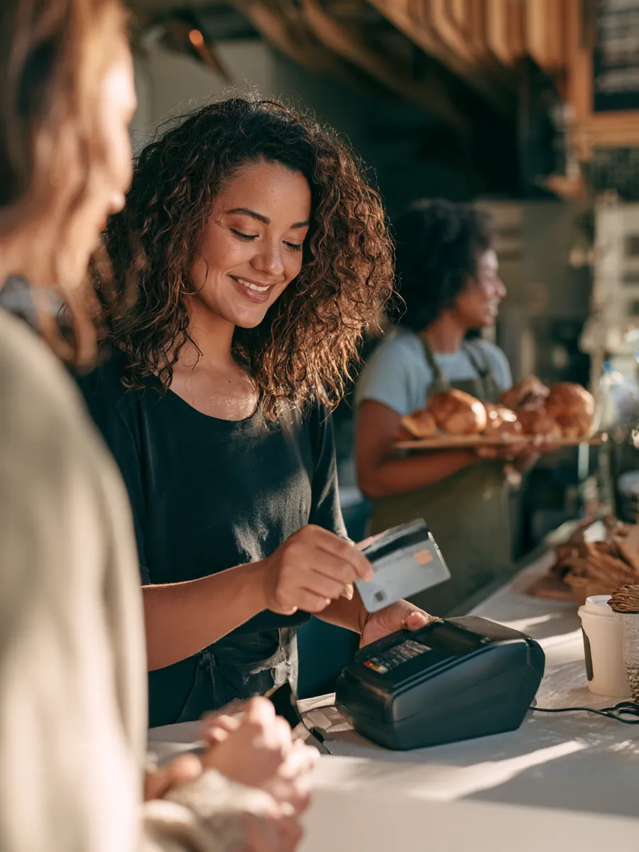Friend tapping a card on a cafe reader while her companion carries pastries to the table