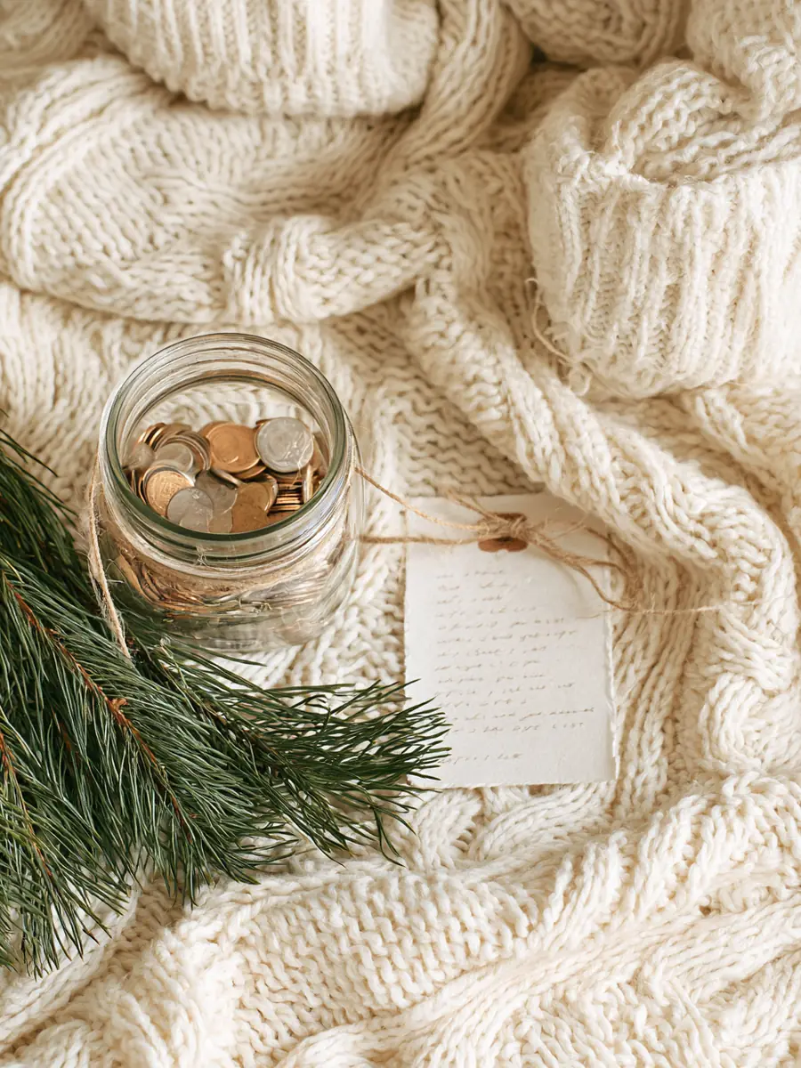 Glass coin jar, a short gift list, and cedar sprigs on a knit blanket — the modest-holiday savings habit