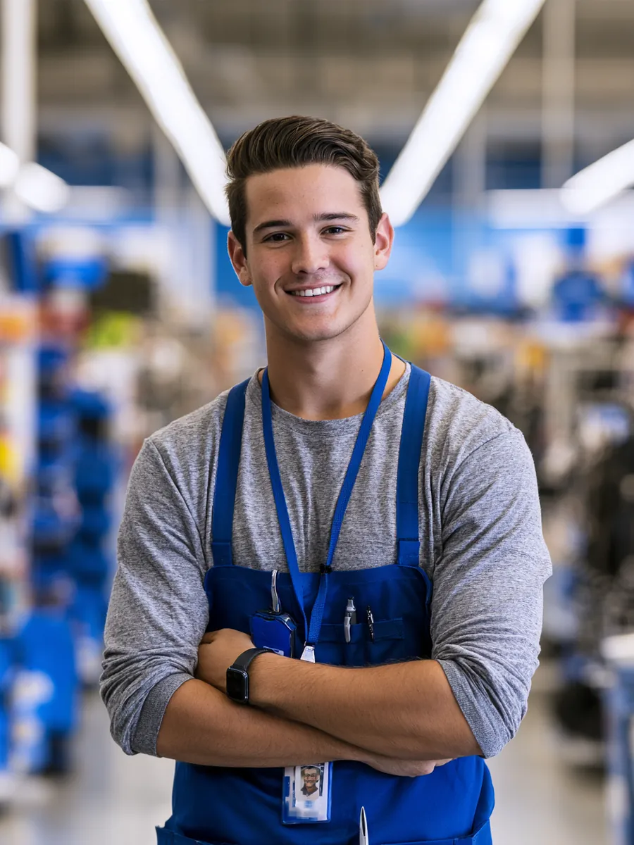 Young retail associate beaming in his first week, lanyard badge and crisp apron in bright shop light