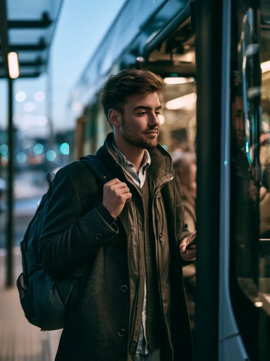 Man boarding a modern electric bus at a glass shelter in morning blue hour, backpack over one shoulder