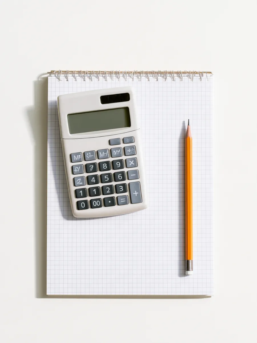 Desk calculator, graph notepad, and pencil arranged squarely on a white desk, tools for checking personal loan payment math
