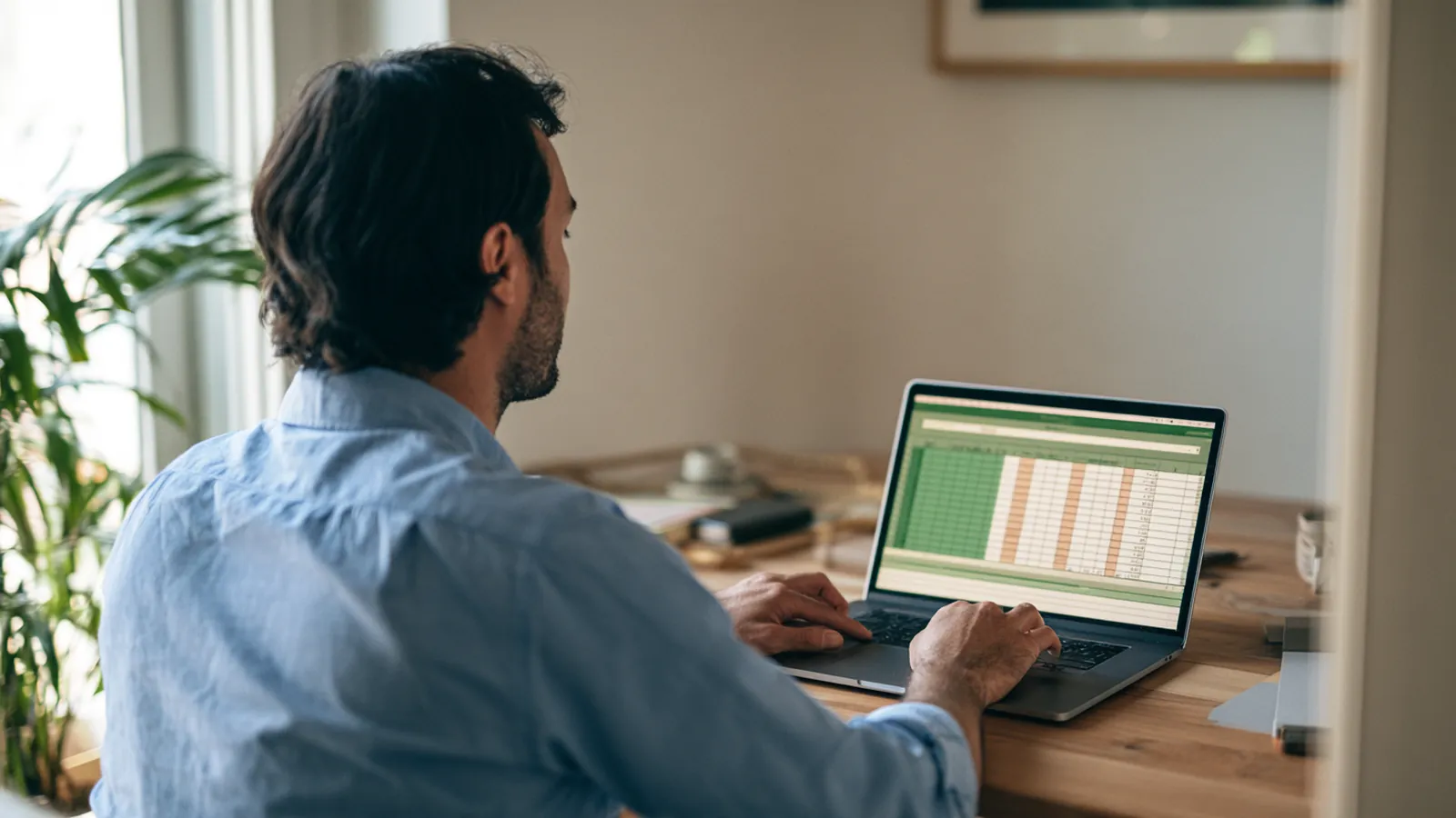 Man planning his monthly budget at a tidy home desk, working out personal loan payments before submitting a rise up loans request