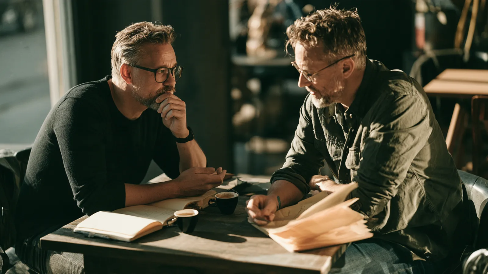 Two friends discussing loan options across a sunlit cafe table with open notebooks, comparing lenders before choosing