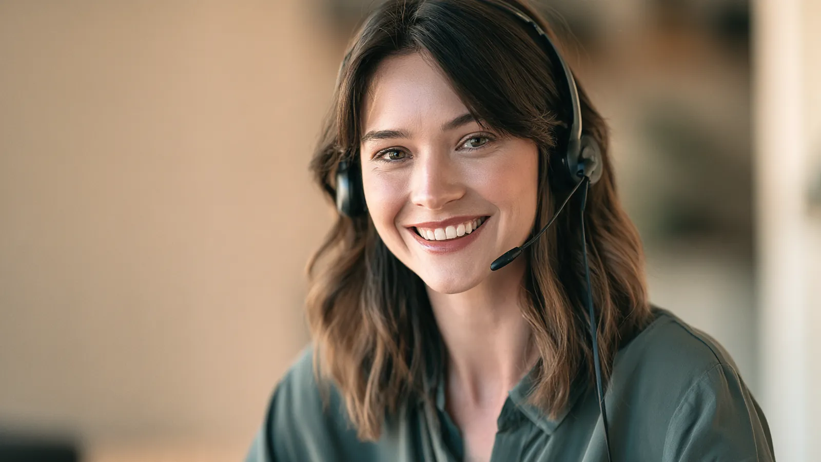 Support specialist listening attentively on a modern wireless headset in a soft home-studio setting, the team behind rise up loans support