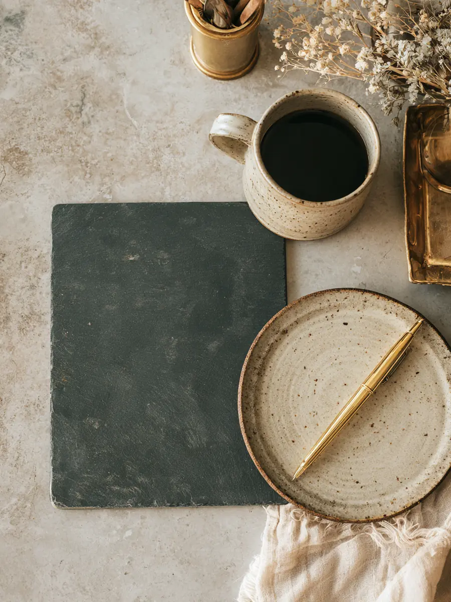 One slate folder, a single statement, and a mug centered on a kitchen counter — several debts reduced to one