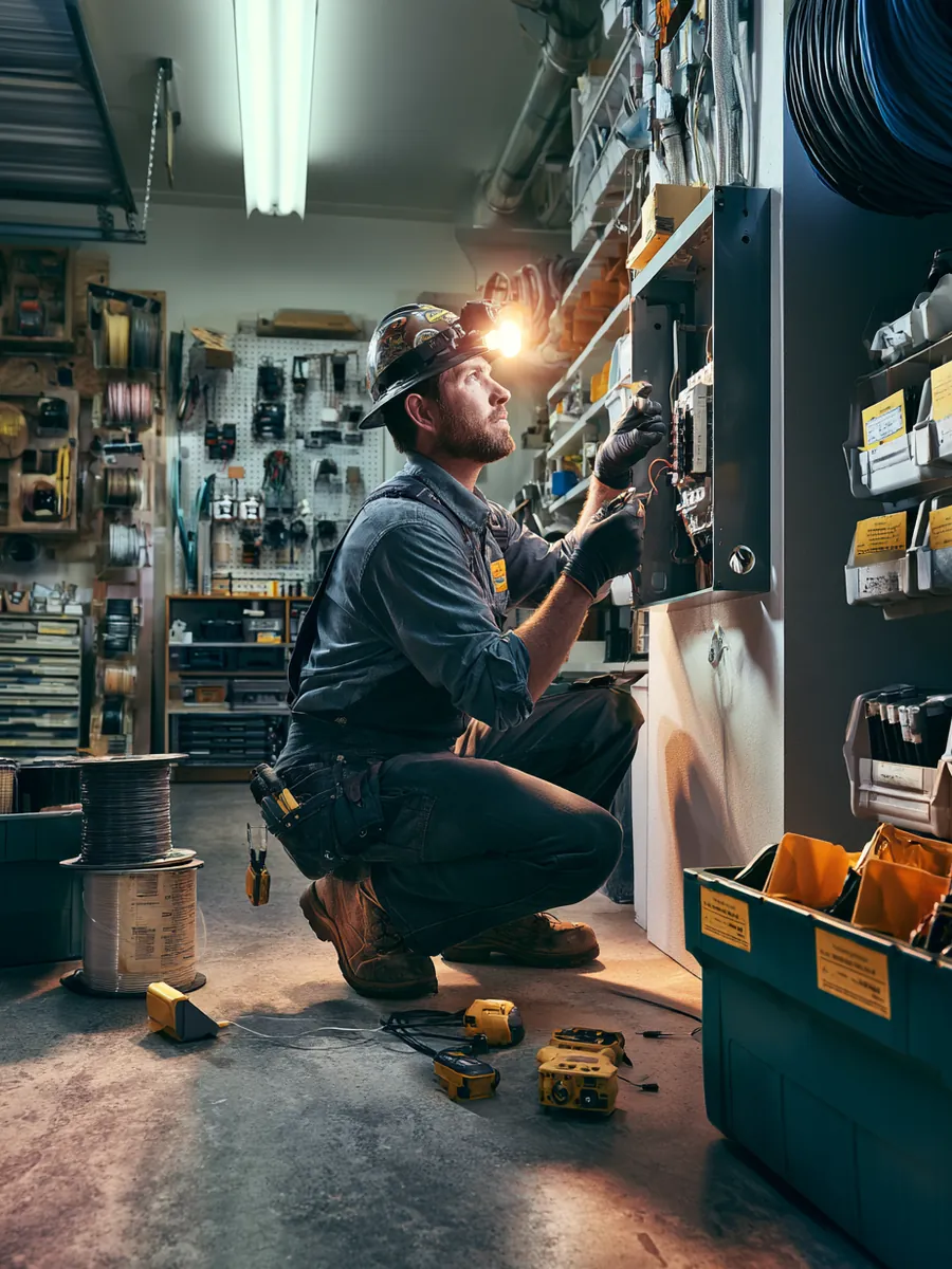 Electrician wiring a breaker panel in an organized garage studio, steady trade income that satisfies personal loan requirements