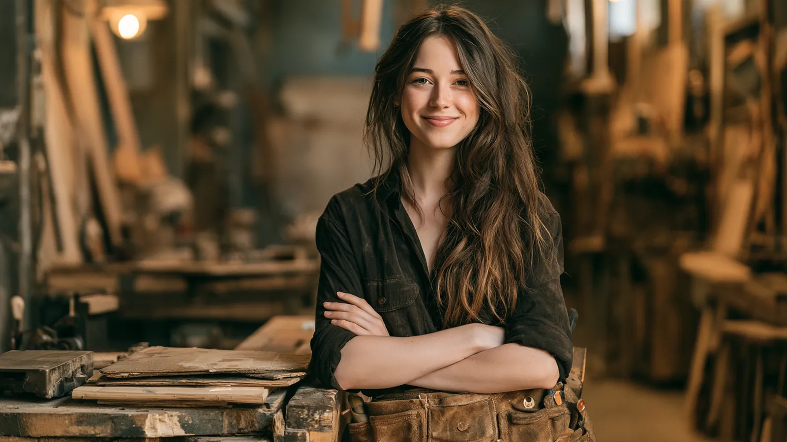 Young carpentry apprentice standing proud in a bright modern workshop, the kind of steady work history lenders value in rise up loans requests
