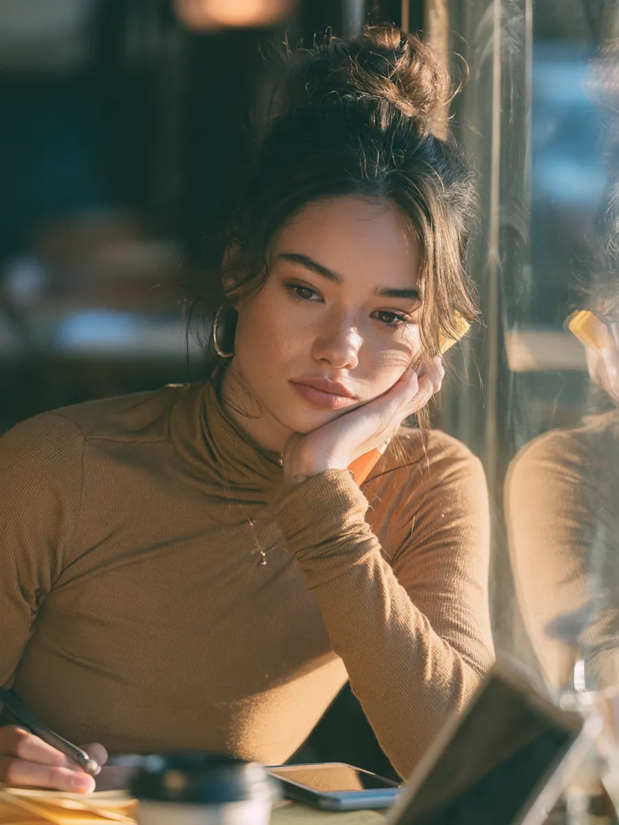 College-age woman studying flashcards by a cafe window with a highlighter tucked behind her ear