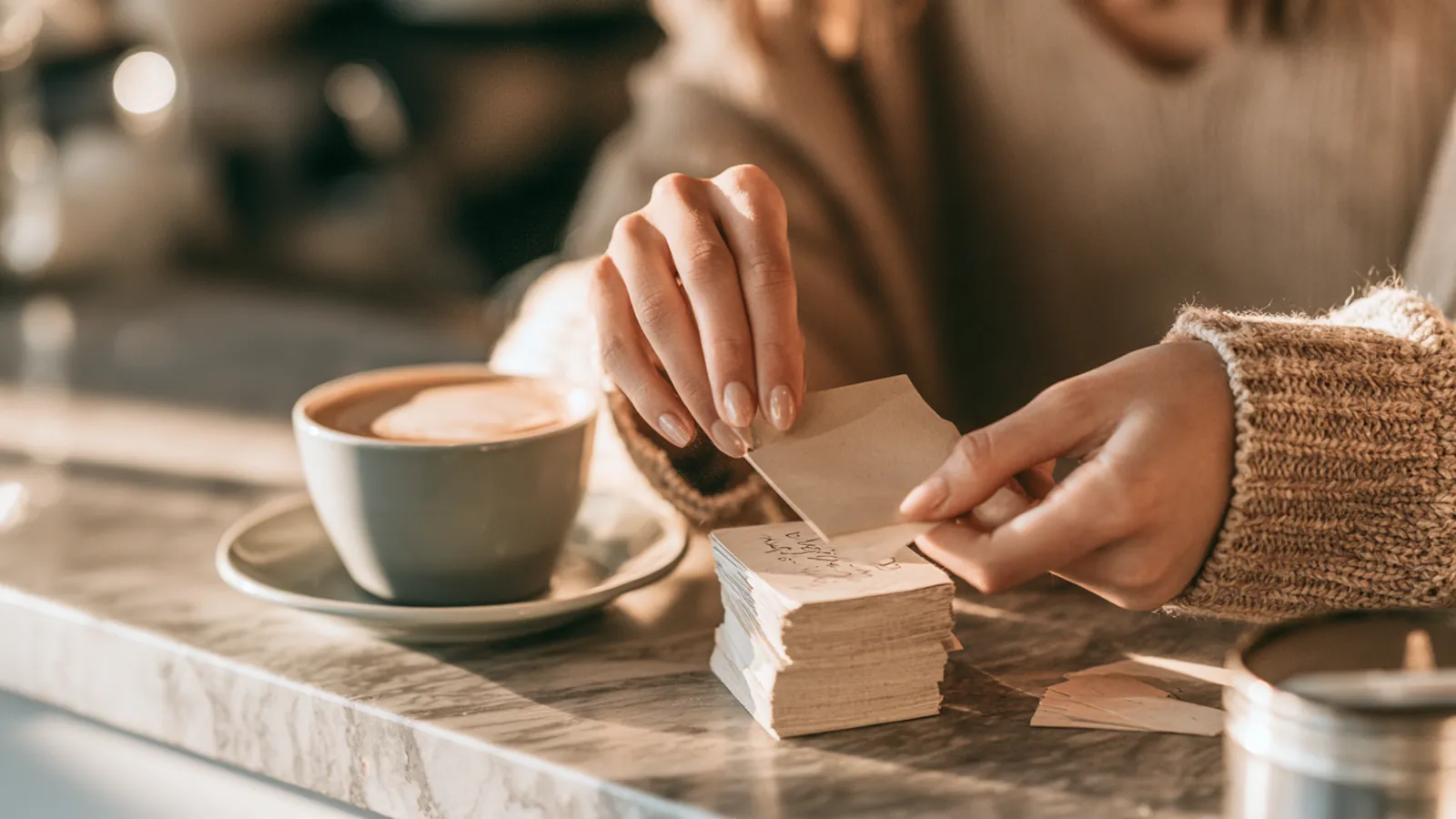 Hands flipping handwritten vocabulary cards beside a flat white on a marble cafe counter, learning rise up loans terminology