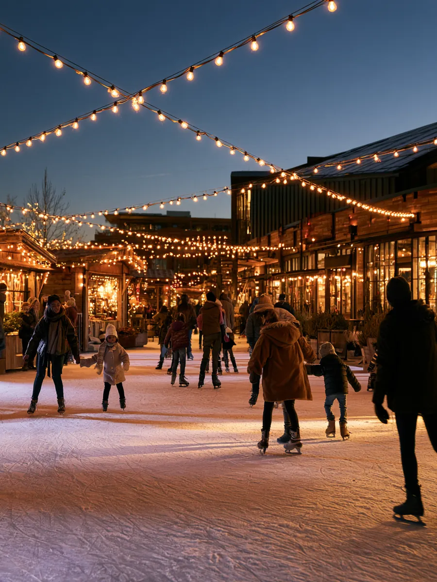 Families skating on an outdoor rink ringed with string lights and market stalls on a winter evening