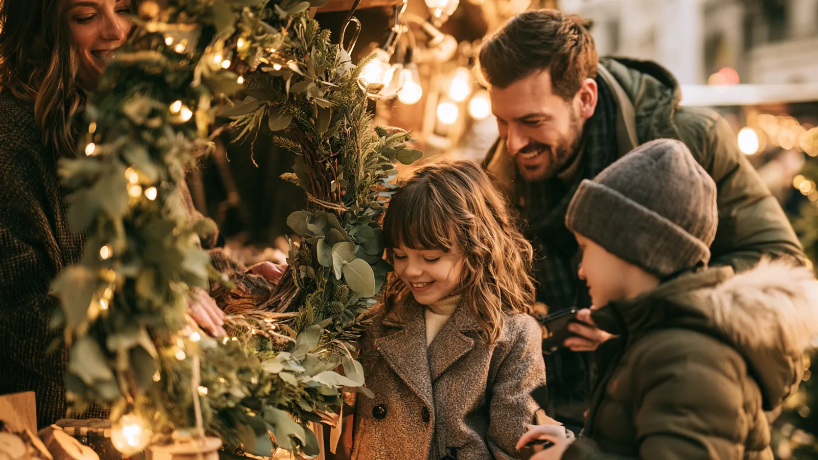 Family choosing a fresh wreath at an outdoor holiday market under warm string lights, planning the season with a holiday loan