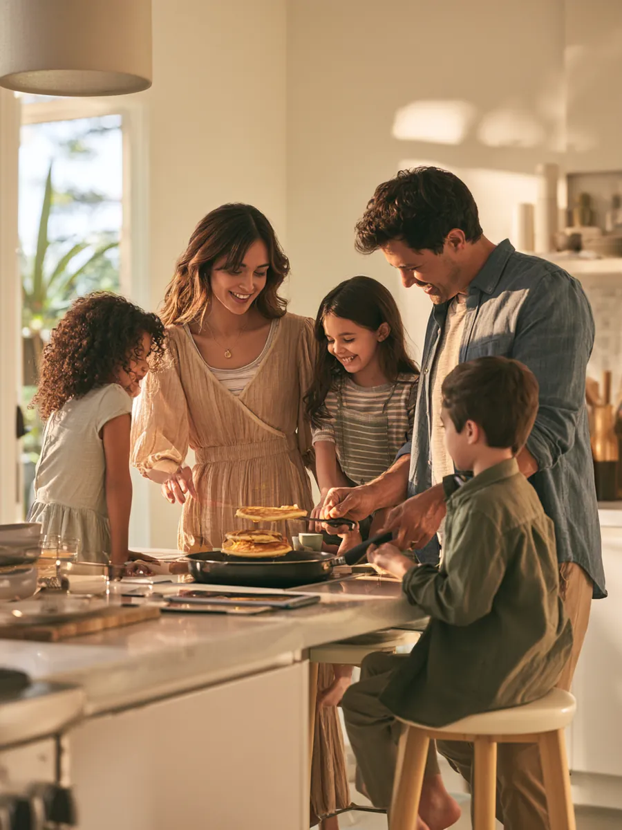 American family cooking pancakes together in a bright modern kitchen on a relaxed Saturday morning