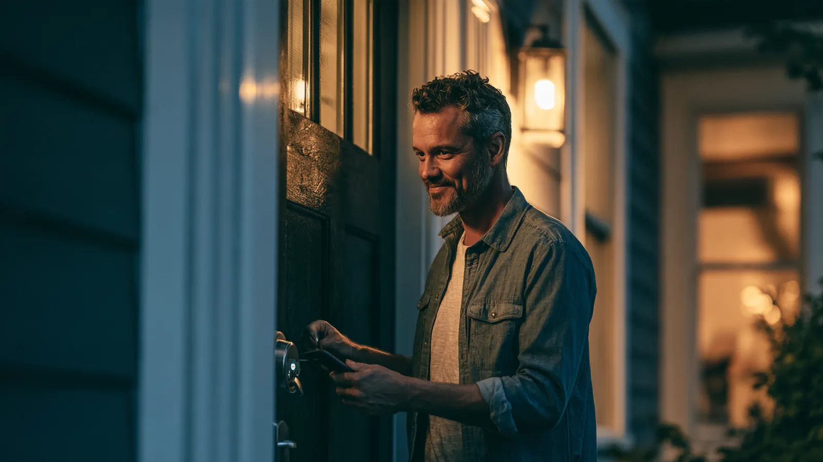 Man locking his front door with a smart lock at dusk under warm porch light, the care rise up loans applies to personal data