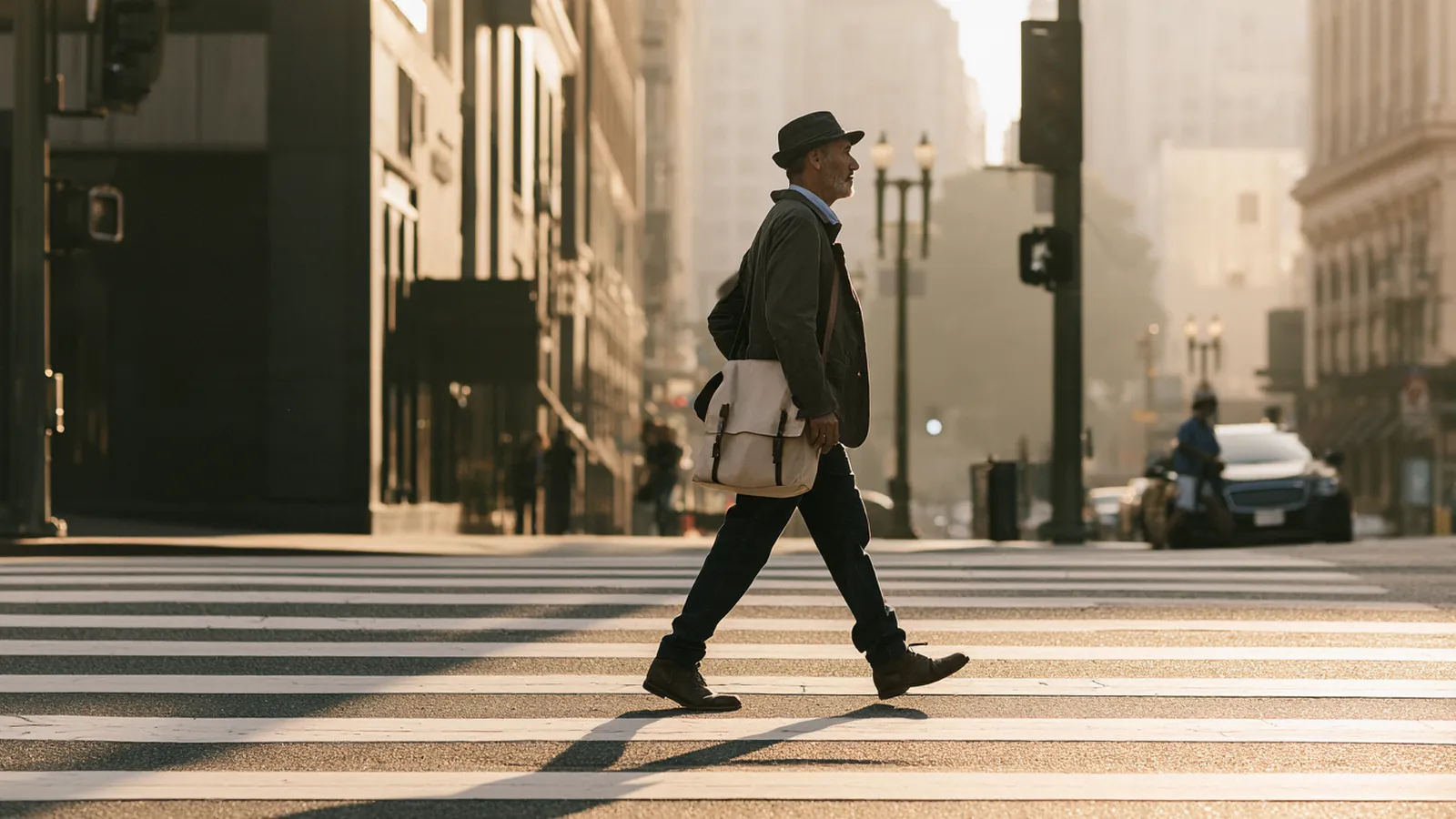 Man in his 50s crossing a clean downtown crosswalk in morning light, on his way to compare personal loan rates