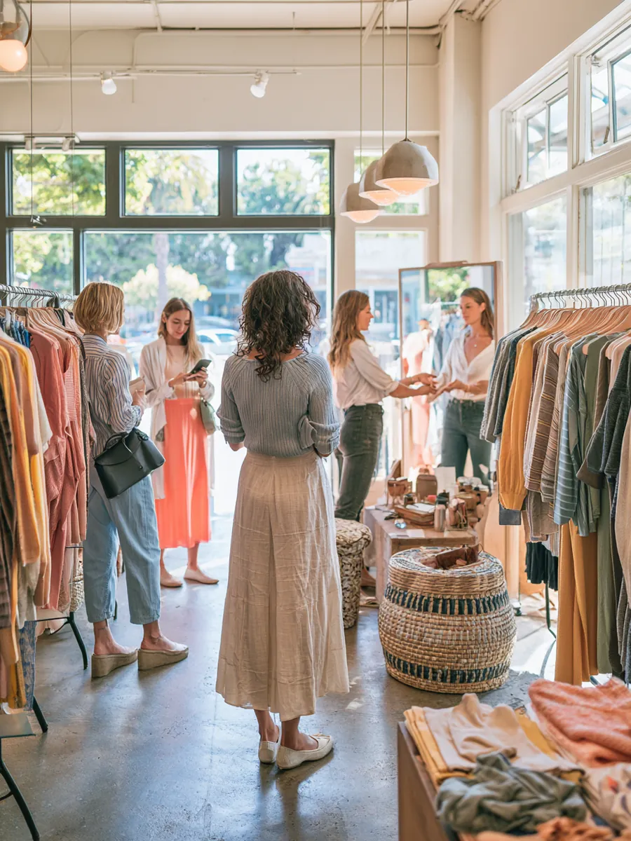 Customers browsing a bright modern boutique while the owner helps at the fitting mirror