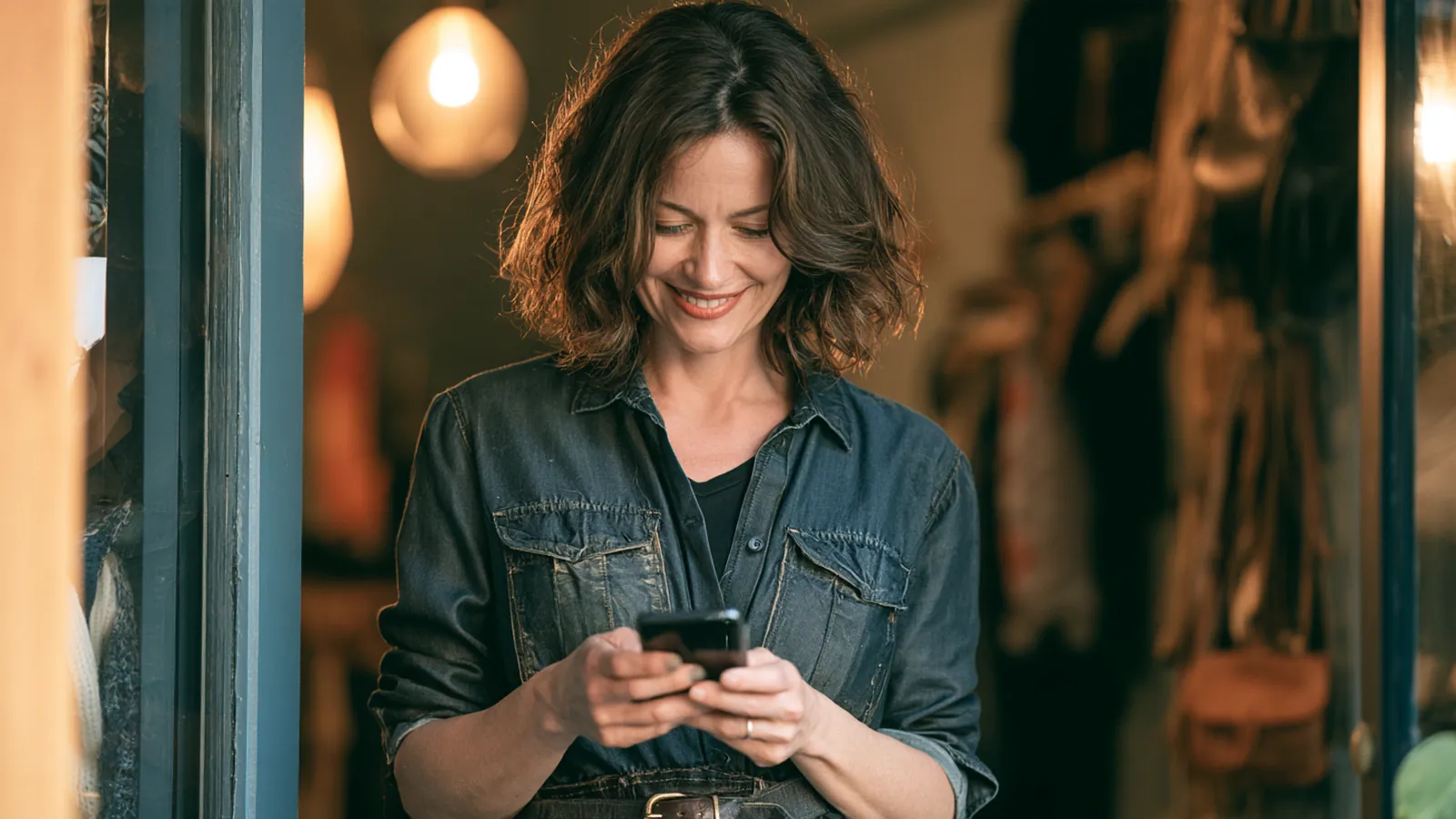Boutique owner smiling while reading customer feedback on her phone at the shop doorway, the kind of reviews rise up loans collects