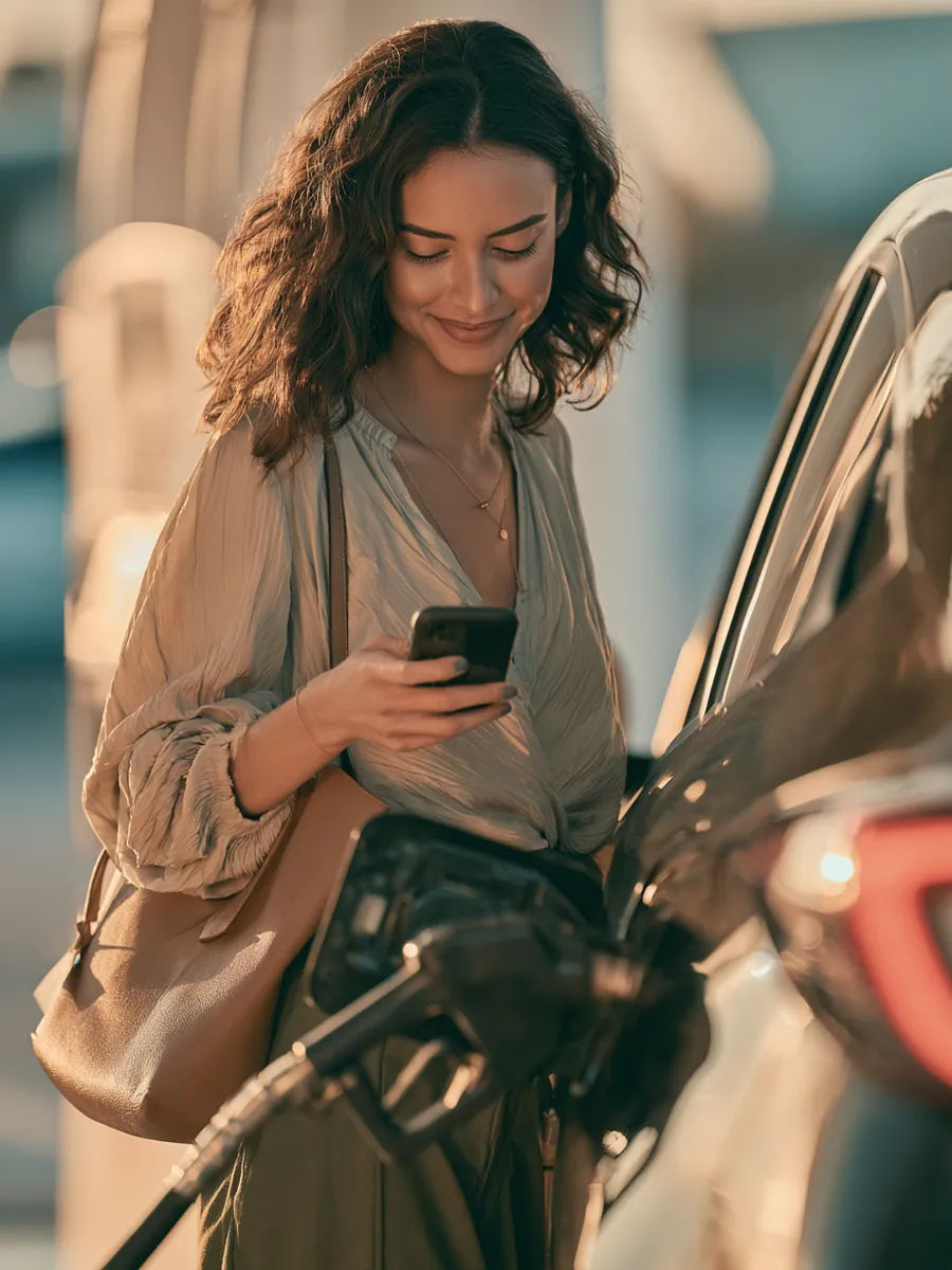 Woman fueling a compact crossover at a clean modern gas station mid-errand