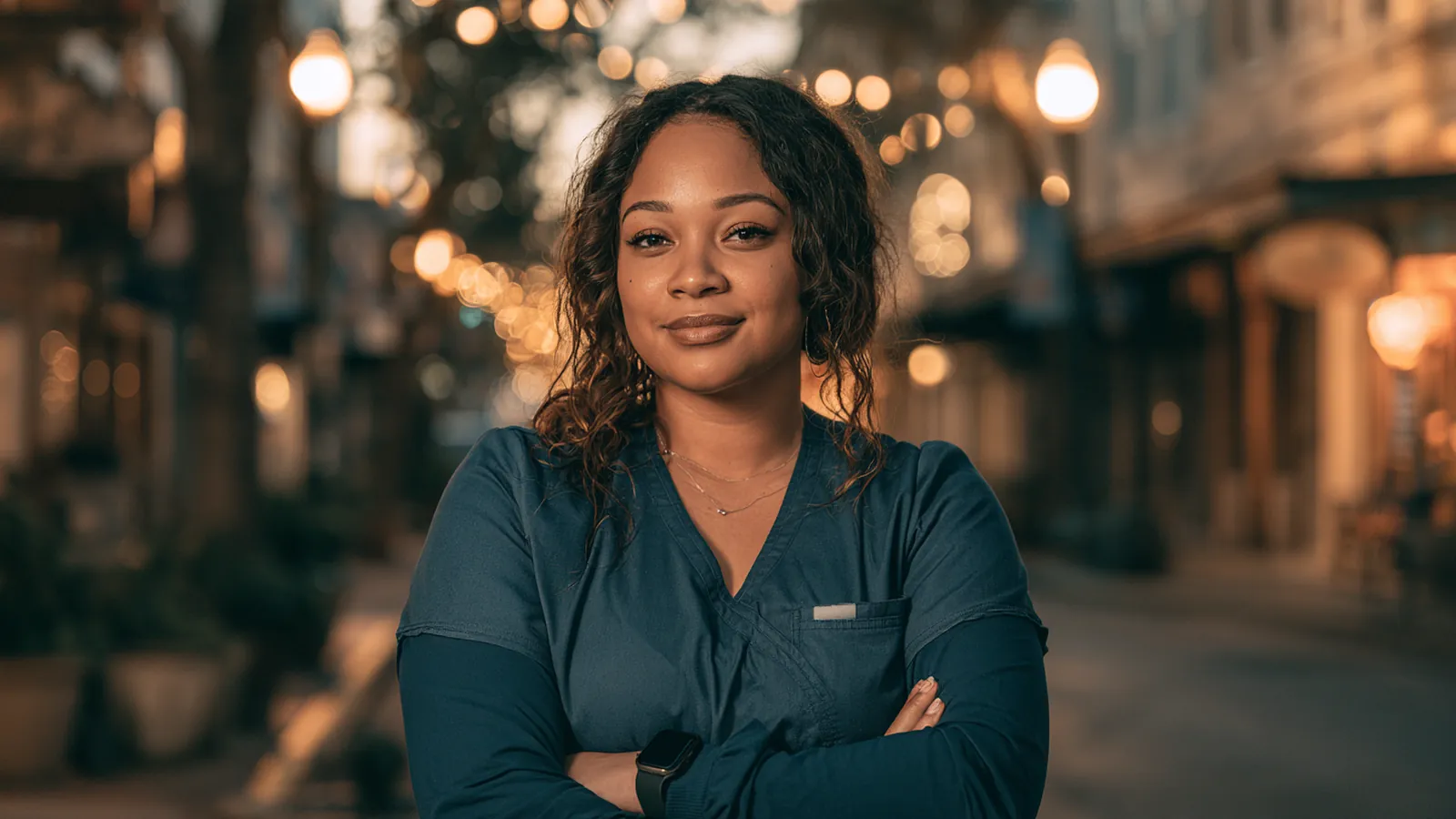 Nurse in modern scrubs commuting on foot at dawn past quiet storefronts, bridging a tight month with a short-term loan