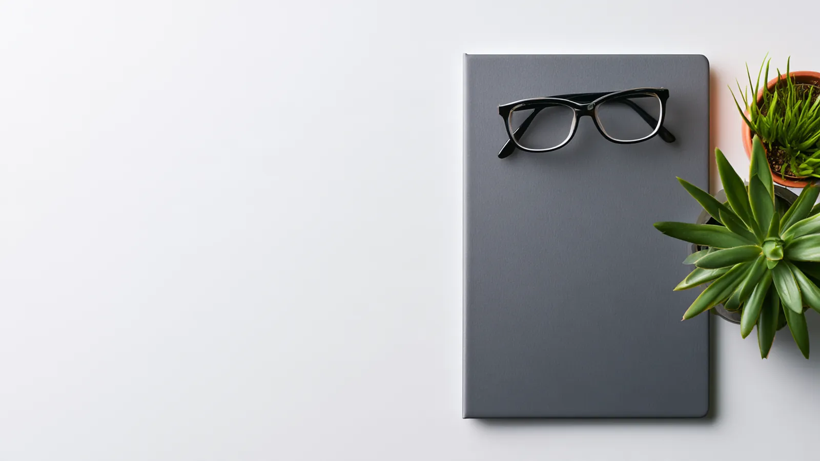 Reading glasses, a slate folder, and a small potted plant aligned on a pale desk — the terms of use behind rise up loans